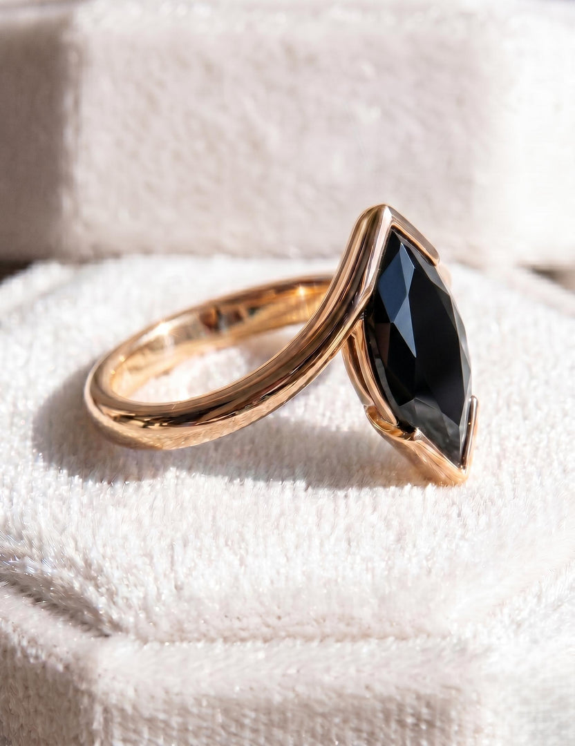 Marquise Black Onyx Engagement Ring, 14K Gold Half Bezel Set Solitaire Silver Gemstone Ring, Anniversary Gift For Her
