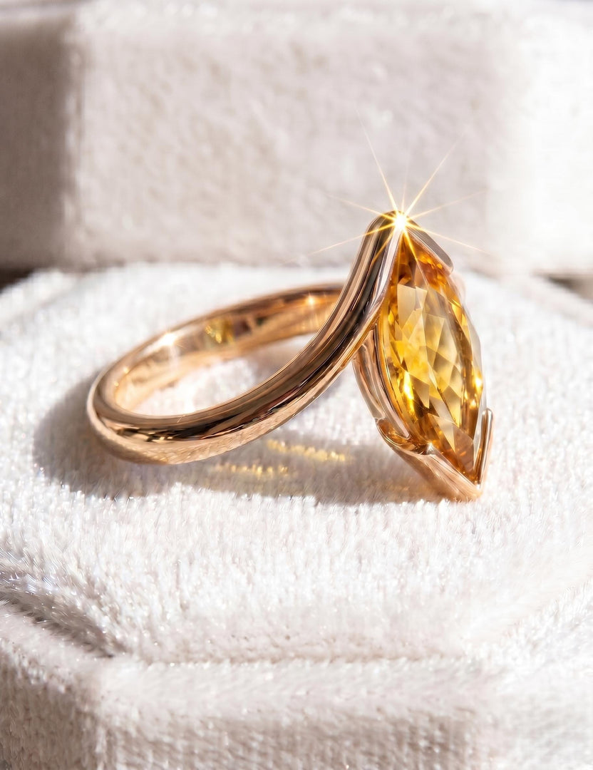 Citrine Engagement Ring, Marquise Cut, Rose Gold Ring, Half Bezel Set Bypass Band Ring, Yellow Gemstone, Anniversary Ring, Women Ring Gift