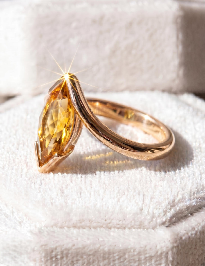 Citrine Engagement Ring, Marquise Cut, Rose Gold Ring, Half Bezel Set Bypass Band Ring, Yellow Gemstone, Anniversary Ring, Women Ring Gift
