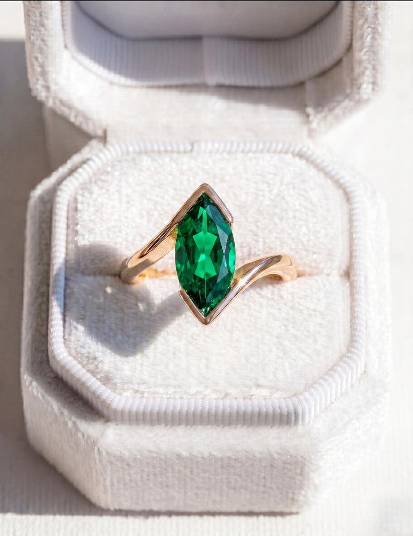 Emerald Engagement Ring, Marquise Cut, Solid Rose Gold Ring, Half Bezel Set Bypass Band, Green Gemstone, Anniversary Ring, Promise Ring
