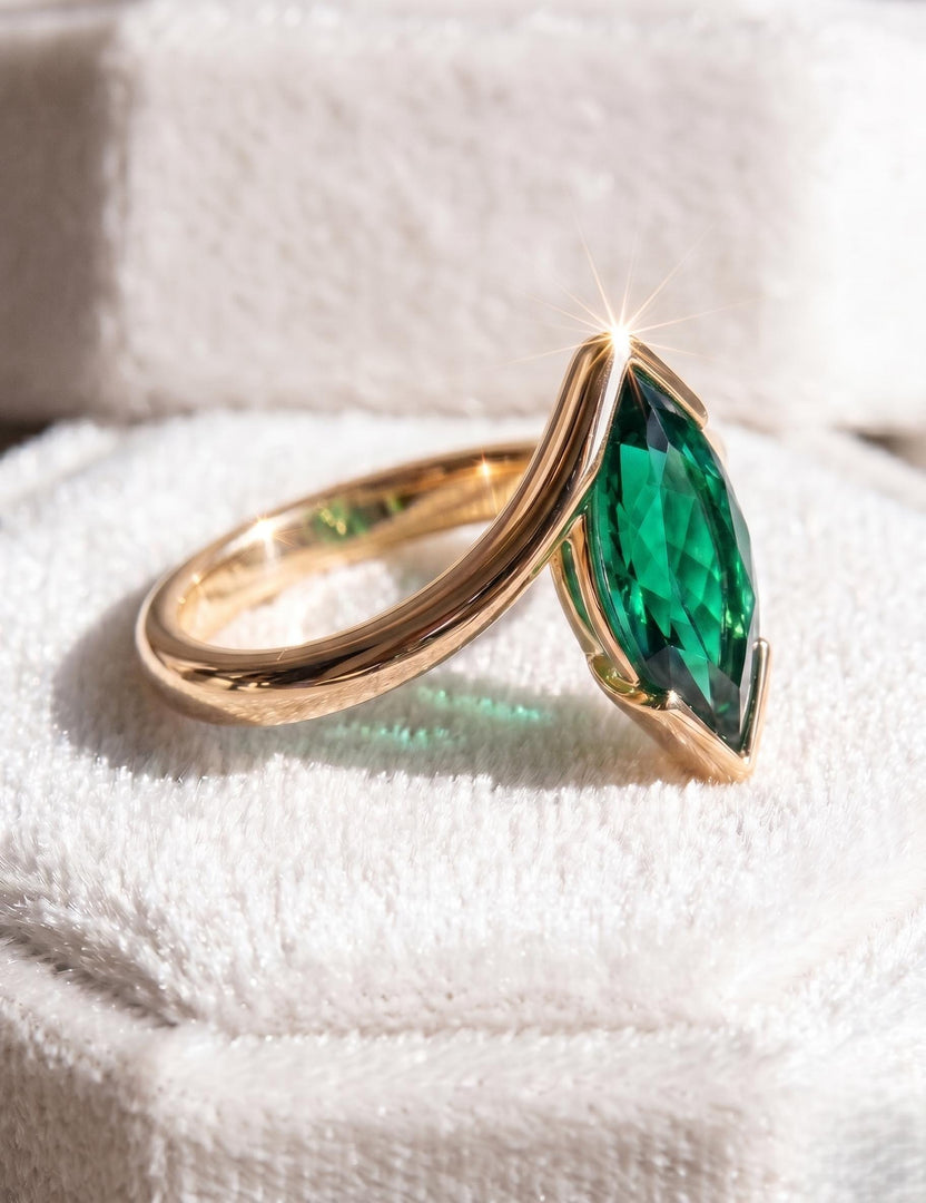 Emerald Engagement Ring, Marquise Cut, Solid Rose Gold Ring, Half Bezel Set Bypass Band, Green Gemstone, Anniversary Ring, Promise Ring