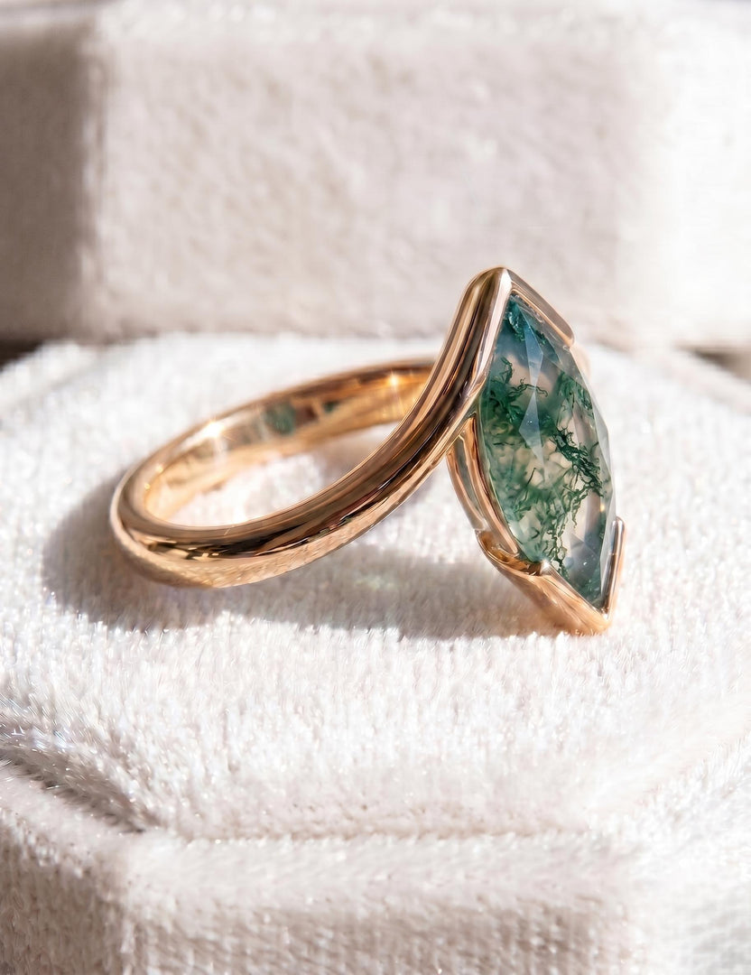 Natural Moss Agate Engagement Ring, Marquise Cut, Rose Gold Ring, Half Bezel Set Bypass Band, Green Gemstone, Anniversary Ring, Promise Ring