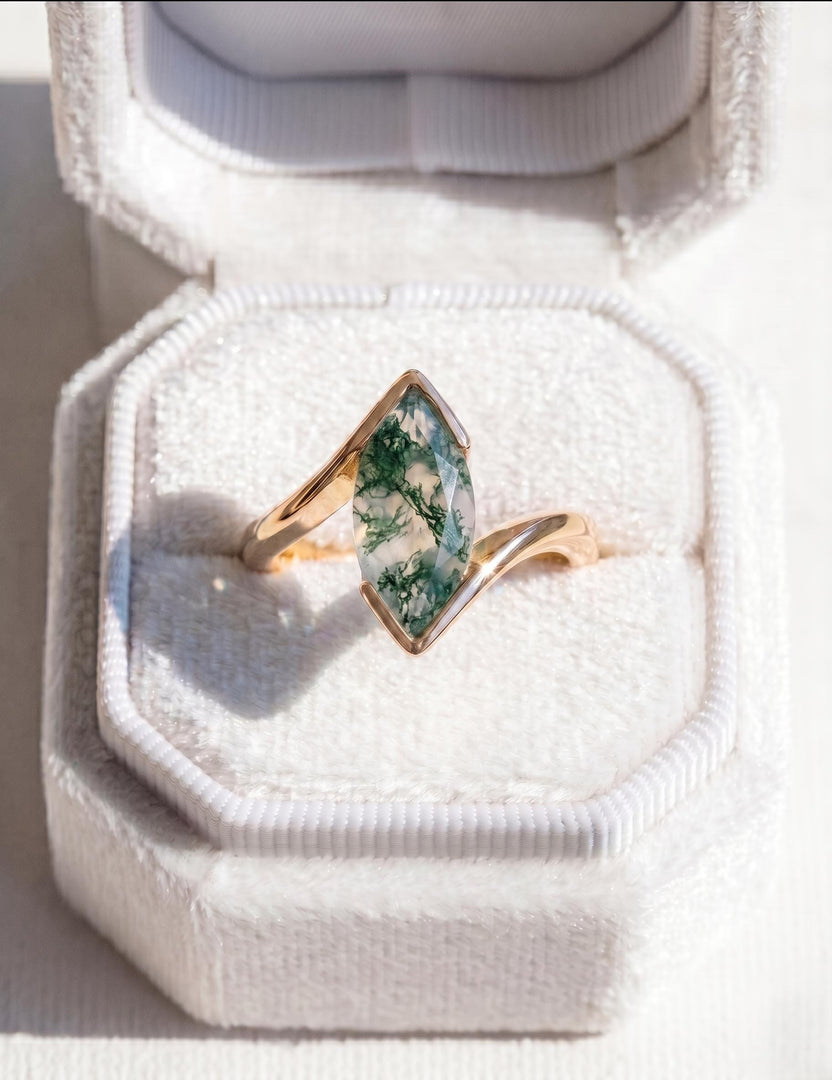 Natural Moss Agate Engagement Ring, Marquise Cut, Rose Gold Ring, Half Bezel Set Bypass Band, Green Gemstone, Anniversary Ring, Promise Ring