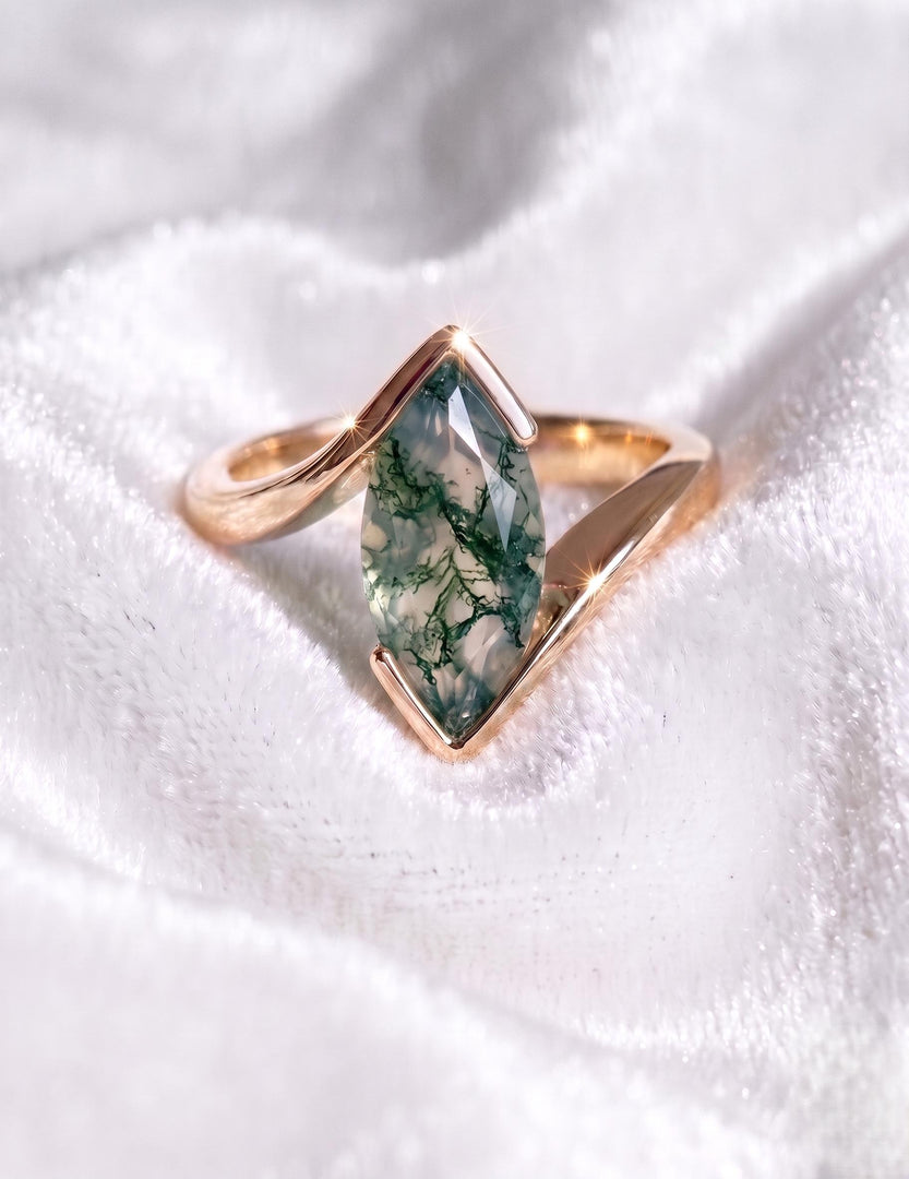 Natural Moss Agate Engagement Ring, Marquise Cut, Rose Gold Ring, Half Bezel Set Bypass Band, Green Gemstone, Anniversary Ring, Promise Ring