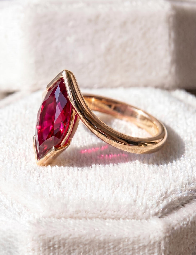 Ruby Engagement Ring, Marquise Cut, Rose Gold Ring, 14K Gold, Half Bezel Set Bypass Band, Red Gemstone Anniversary Ring, Promise Ring