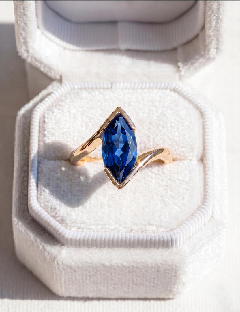Blue Sapphire Engagement Ring, Marquise Cut, 14k Gold, Solid Rose Gold Ring, Anniversary Ring, Promise Ring Half Bezel Set Band Gift For Her