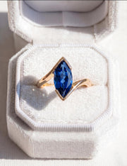 Blue Sapphire Engagement Ring, Marquise Cut, 14k Gold, Solid Rose Gold Ring, Anniversary Ring, Promise Ring Half Bezel Set Band Gift For Her