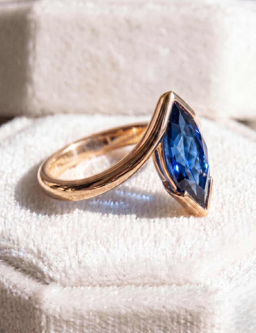 Blue Sapphire Engagement Ring, Marquise Cut, 14k Gold, Solid Rose Gold Ring, Anniversary Ring, Promise Ring Half Bezel Set Band Gift For Her