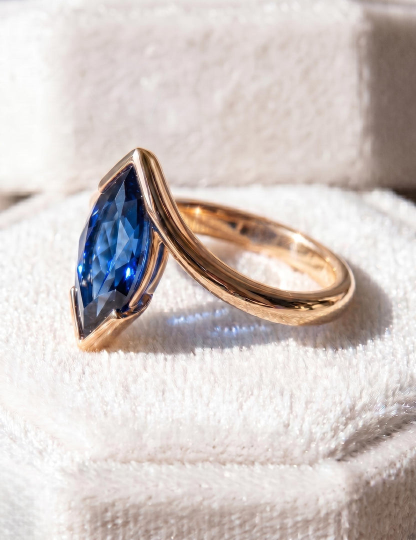 Blue Sapphire Engagement Ring, Marquise Cut, 14k Gold, Solid Rose Gold Ring, Anniversary Ring, Promise Ring Half Bezel Set Band Gift For Her