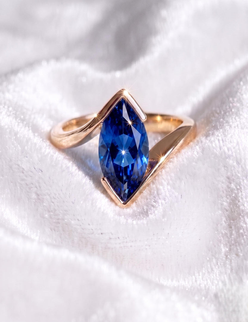 Blue Sapphire Engagement Ring, Marquise Cut, 14k Gold, Solid Rose Gold Ring, Anniversary Ring, Promise Ring Half Bezel Set Band Gift For Her