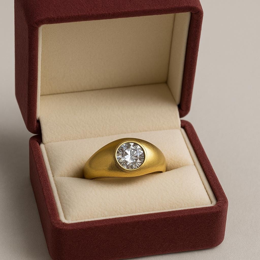14K Gold Moissanite Signet Ring: Vintage Flush Set Solitaire Engagement