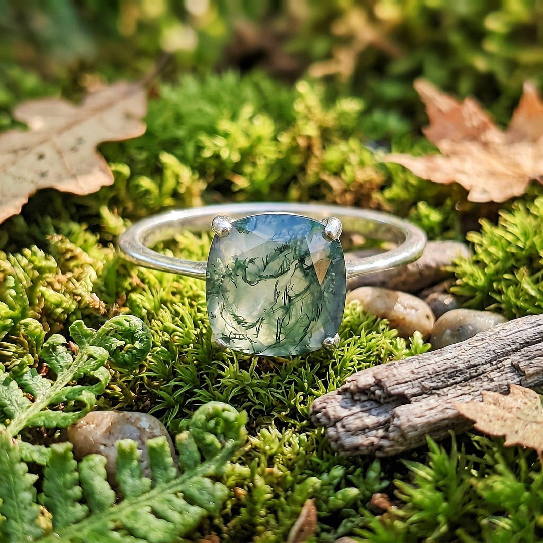 Minimalist Moss Agate Cushion Cut Solitaire Ring, Dainty Agate Ring, Nature Inspired, Wedding & Engagement Ring, Anniversary For Women Her