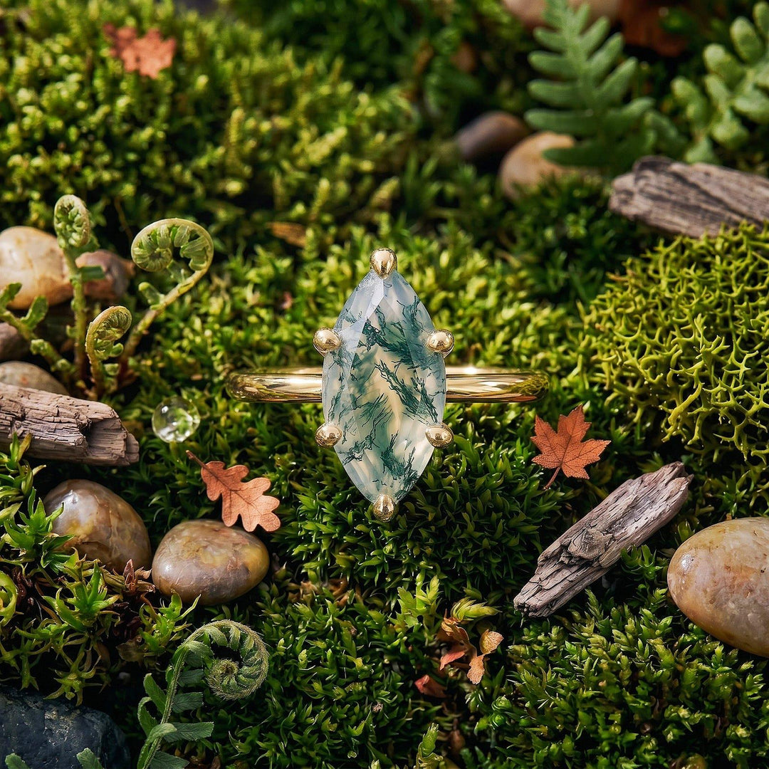 Vintage Marquise Cut Moss Agate Engagement Ring, Solid 14K Gold Promise Ring, Nature Inspired Art Deco Ring Unique Anniversary Gift For Her