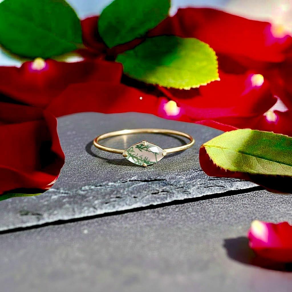 Vintage Marquise Cut Moss agate Engagement Ring Cluster Diamond Wedding Ring Single Stone Ring Delicate 14k Solid Gold Diamond Promise Ring