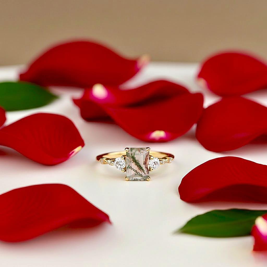 Emerald Cut Moss Agate Sterling Silver Ring, Vintage Promise Engagement Gift Her