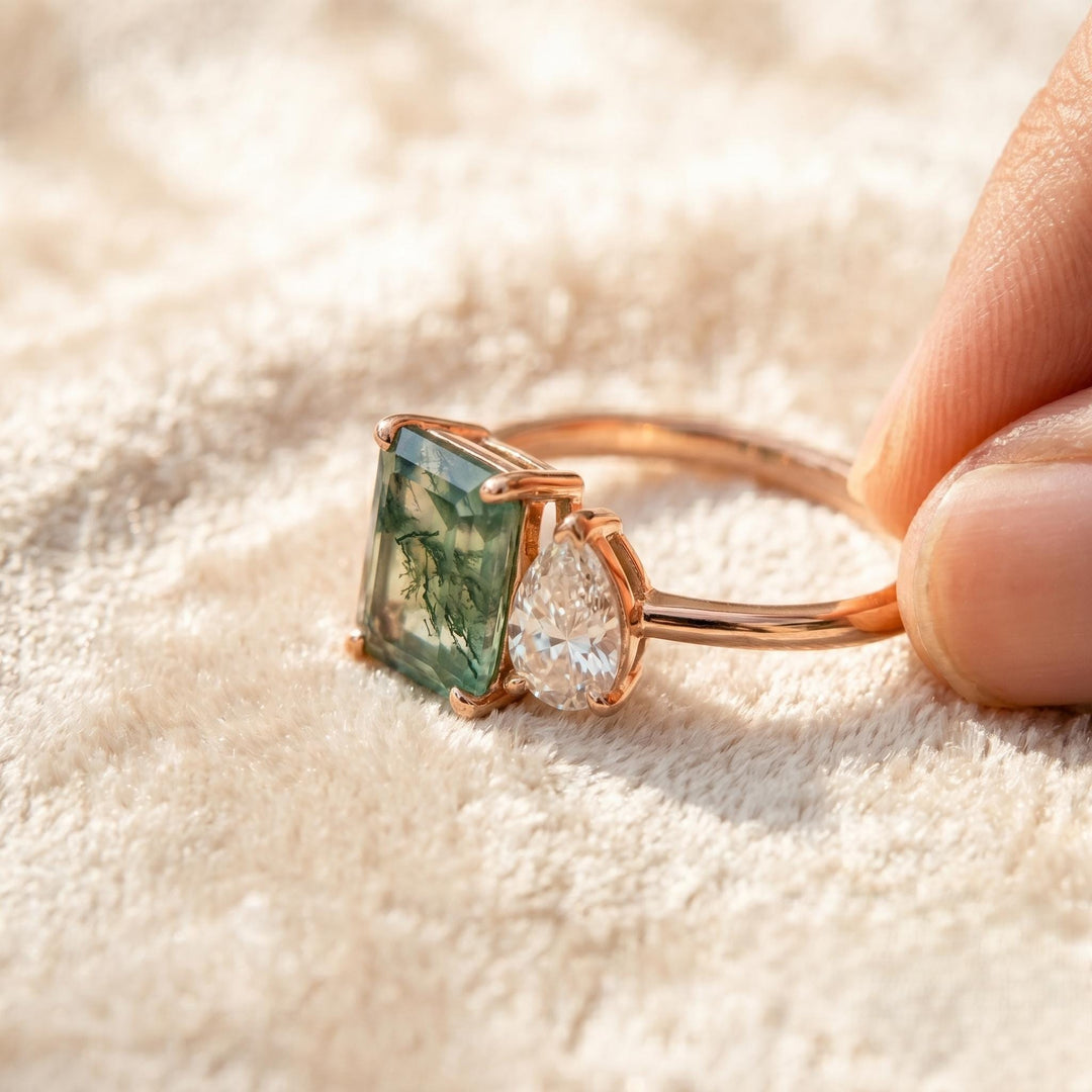 Two Stone Moss Agate Ring, Emerald Cut Pear Sterling Silver Toi Et Moi Ring