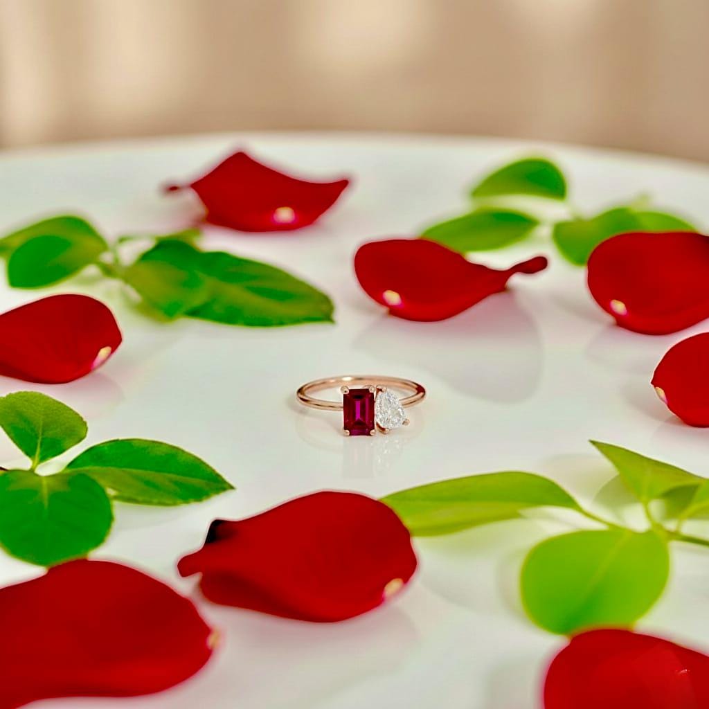 Two Stone Ruby Ring, Emerald Cut Pear Sterling Silver Toi Et Moi Ring