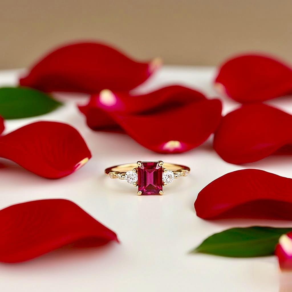 Vintage Emerald Cut Ruby Engagement Ring, 14k Gold Wedding Ring, Emerald Solitaire CZ Diamond Ring, Prong Set Simulated Promise Ring For Her