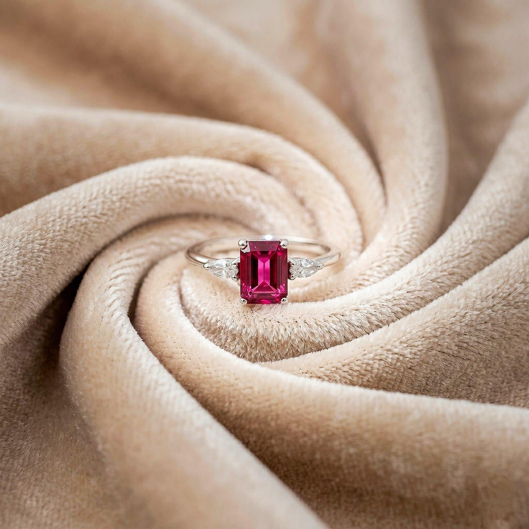 Vintage Ruby Emerald Cut Ruby Engagement Ring, Wedding Ring, Emerald Solitaire Diamond Ring, Prong Set Simulated Promise Ring For Her