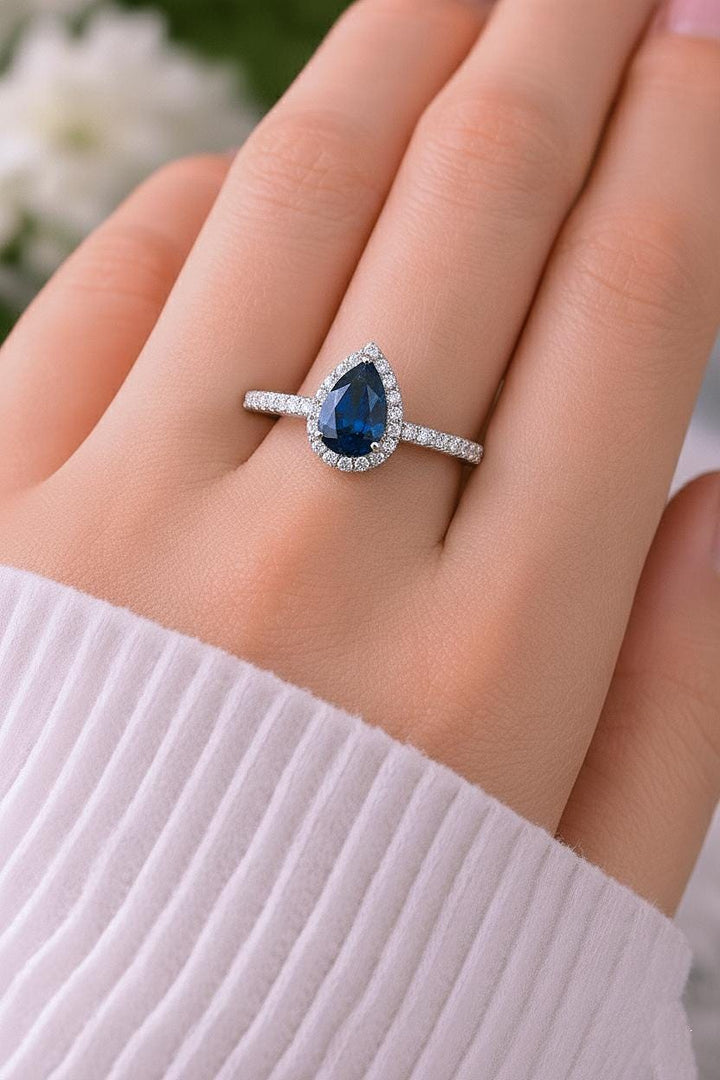 Pear Sapphire Engagement Ring: Halo Sterling Silver, September Birthstone