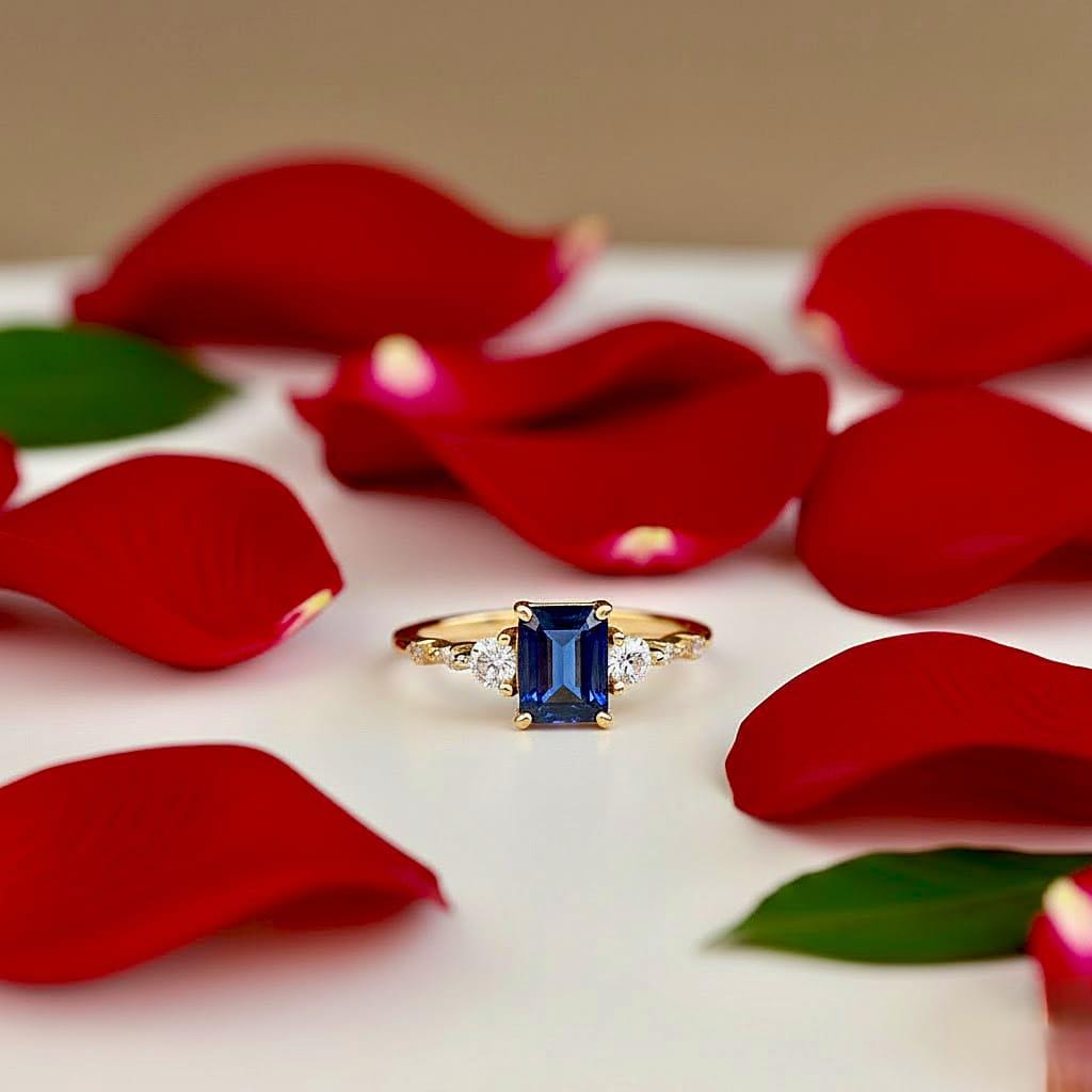 Lab Blue Sapphire Emerald Cut Ring, 14K Gold Vermeil, September Birthstone, Engagement Ring