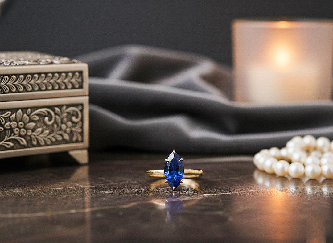 Lab Blue Sapphire Marquise Ring, Yellow Gold Vermeil Sterling Silver