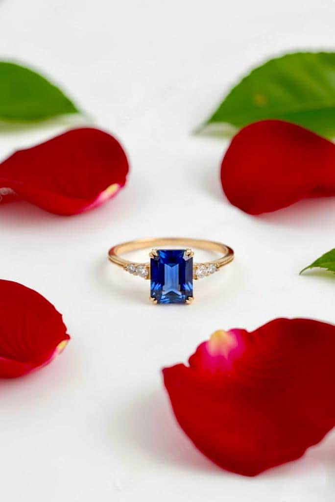 Lab Blue Sapphire Ring 14K Gold Vermeil, September Birthstone Jewelry, Engagement Ring, Anniversary Birthday gift for her