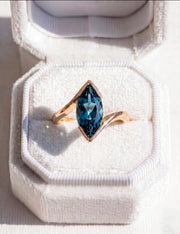 London Blue Topaz Engagement Ring, Marquise Cut, Rose Gold Ring, Blue Topaz Ring, Statement Half Bezel Band, Women Minimalist ring, For Gift