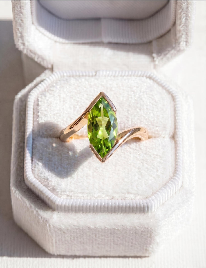 Green Peridot Engagement Ring, Marquise Cut, Rose Gold Ring, Sterling Silver, August Birthstone Solitaire Ring, Half Bezel, Anniversary Gift
