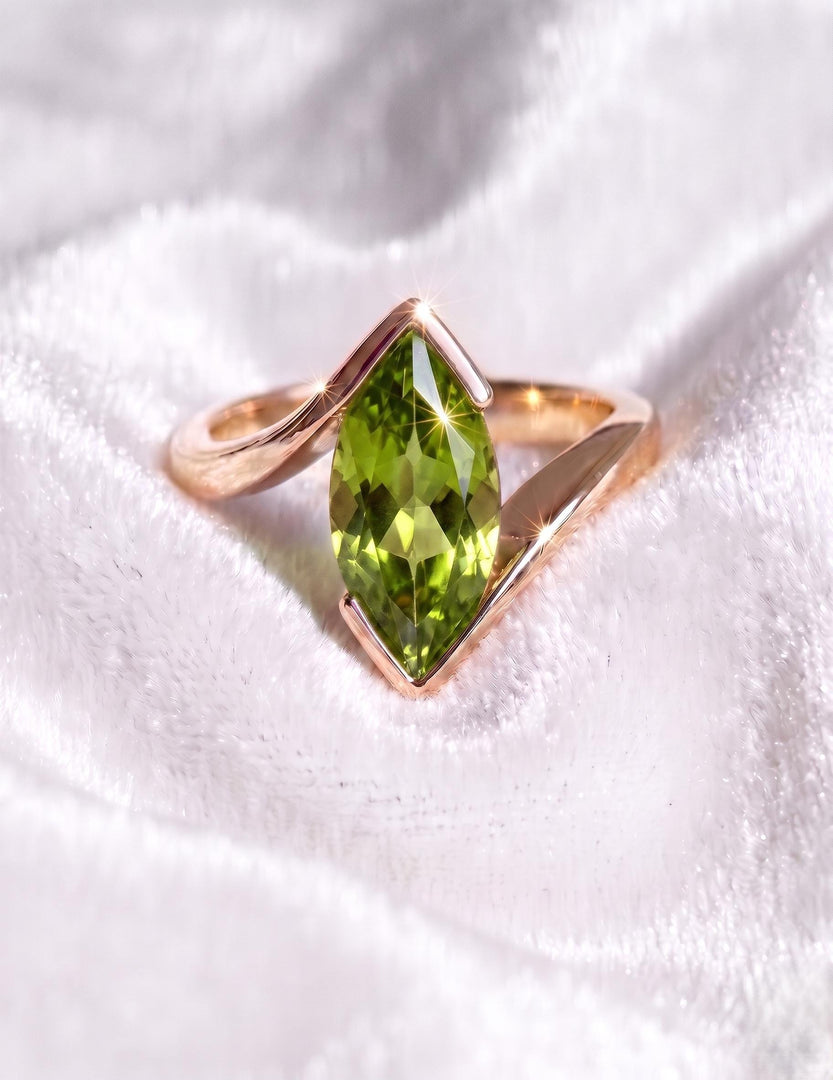 Green Peridot Engagement Ring, Marquise Cut, Rose Gold Ring, Sterling Silver, August Birthstone Solitaire Ring, Half Bezel, Anniversary Gift