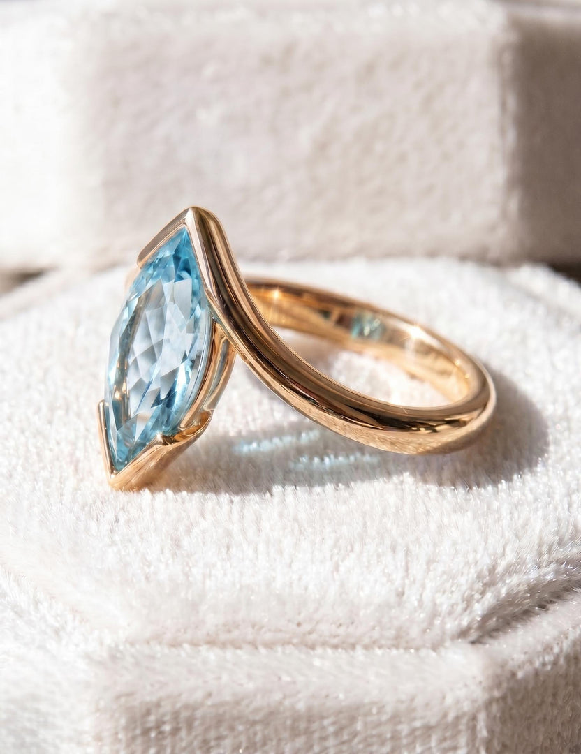 Aquamarine Engagement Ring, Marquise Cut, Rose Gold Ring, Bridal Ring Vintage Blue Gemstone, Half Bezel Band, Promise Ring, Anniversary Gift
