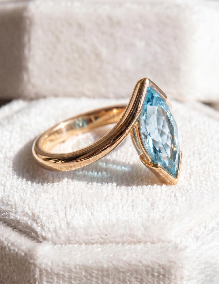 Aquamarine Engagement Ring, Marquise Cut, Rose Gold Ring, Bridal Ring Vintage Blue Gemstone, Half Bezel Band, Promise Ring, Anniversary Gift
