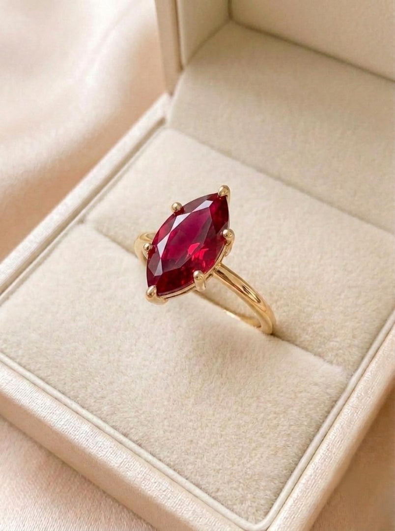 Marquise Cut Lab Ruby Ring, Yellow Gold Vermeil 925 Sterling Silver