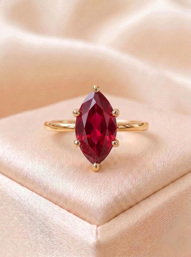 Marquise Cut Lab Ruby Ring, Yellow Gold Vermeil 925 Sterling Silver
