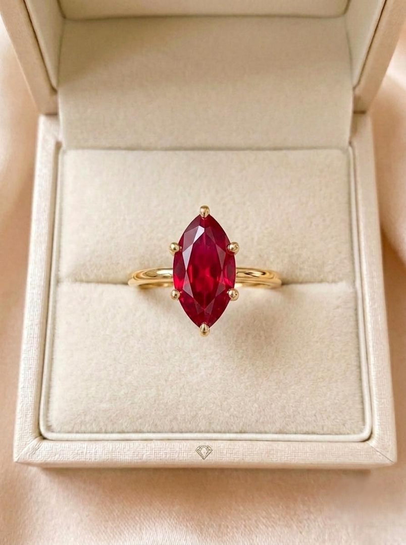Marquise Cut Lab Ruby Ring, Yellow Gold Vermeil 925 Sterling Silver