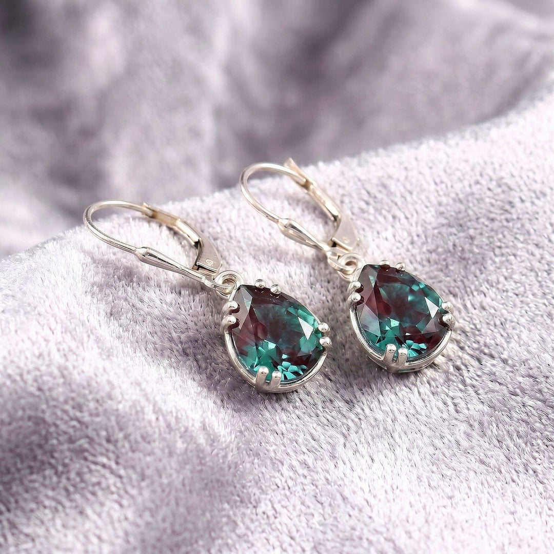 Alexandrite Earrings in 925 Sterling Silver, Boho Teardrop Dangle Earrings, Pear Cut Color Change Jewelry, Victorian Style Gift for Her,