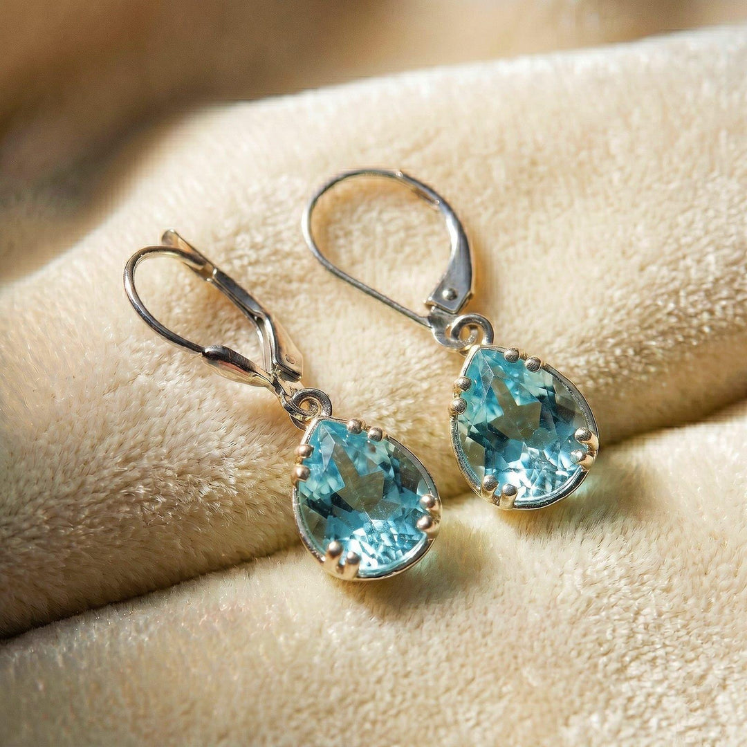 Aquamarine Blue Teardrop Earrings Silver | Pear Lever back Dangle Earrings | Bridal Hoop Earrings Women | March Birthstone Gift for Her