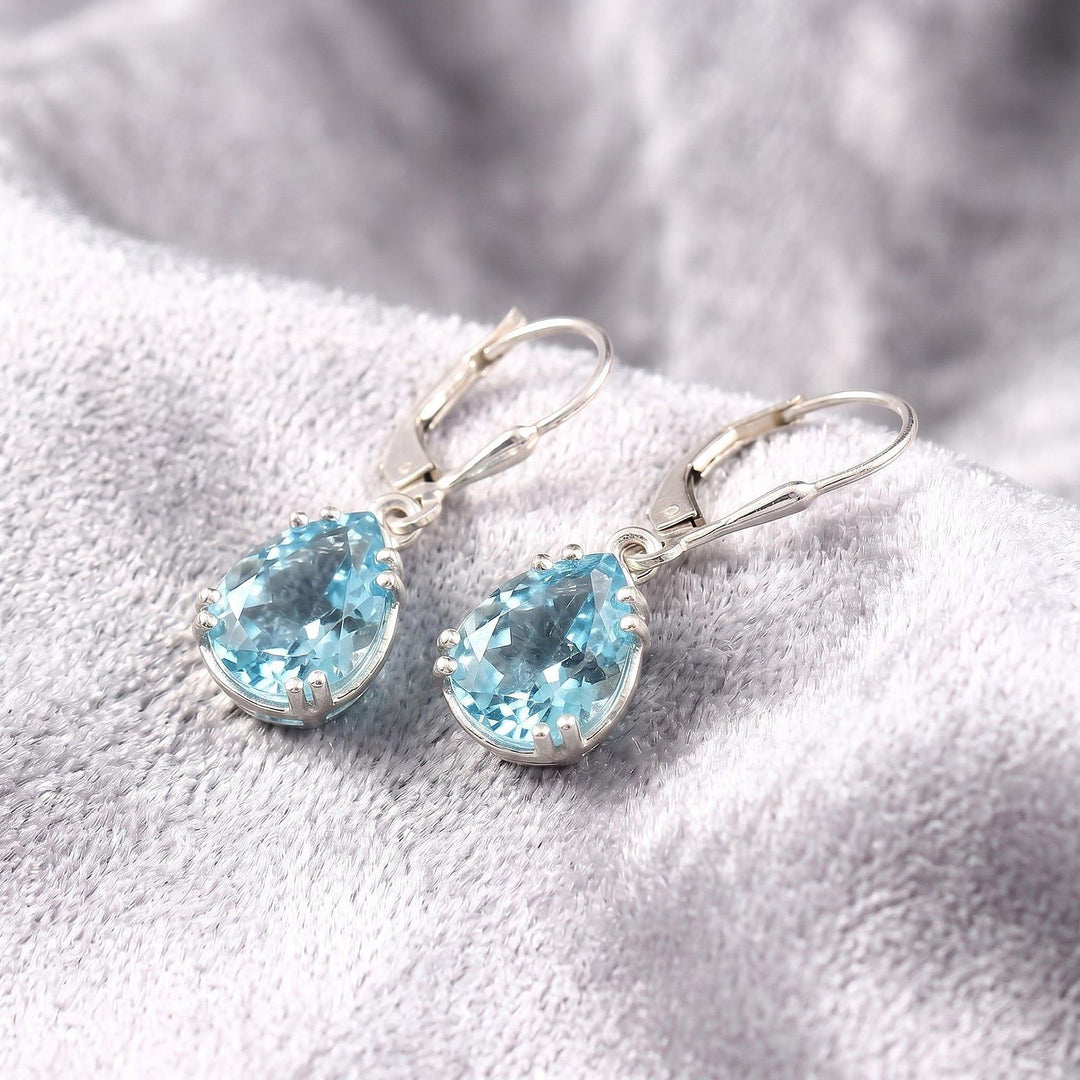 Aquamarine Blue Teardrop Earrings Silver | Pear Lever back Dangle Earrings | Bridal Hoop Earrings Women | March Birthstone Gift for Her