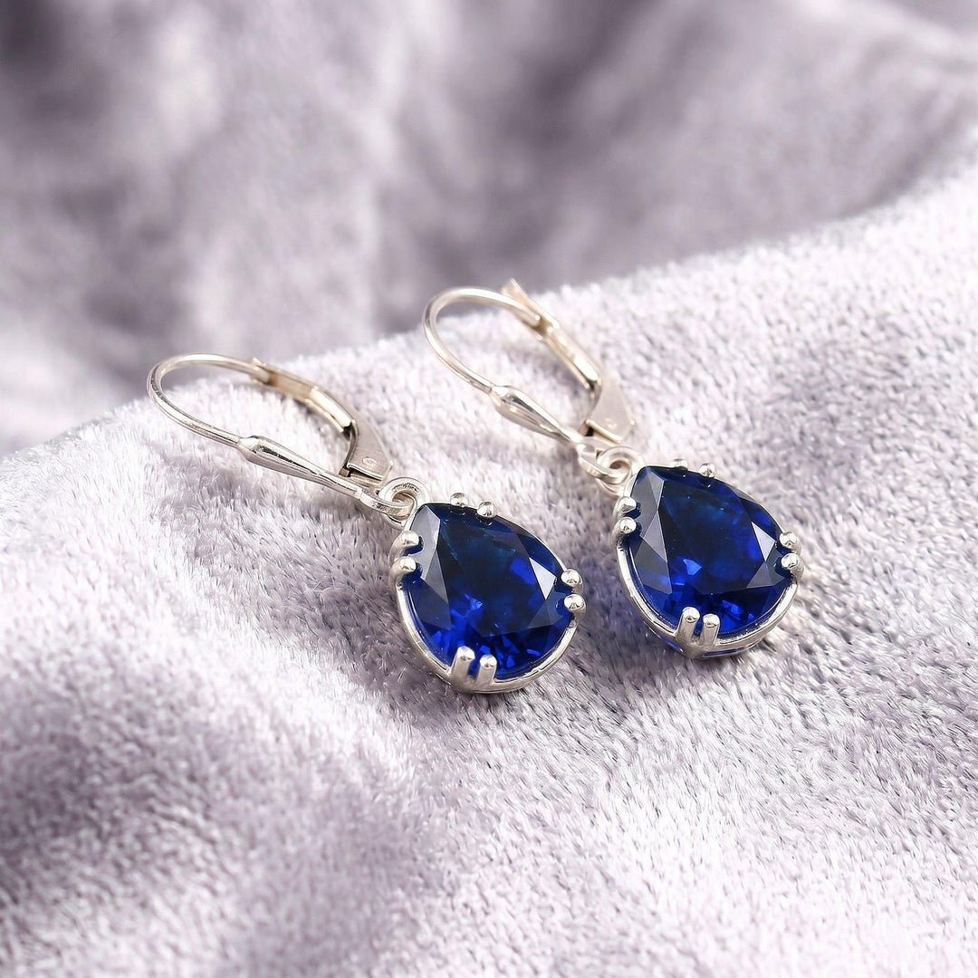 Pear Cut Blue Sapphire Drop Earrings, Blue Gemstone Tear Drop Leaver back Dangle Earrings, Elegant Bridal Jewelry Gift September Birthstone