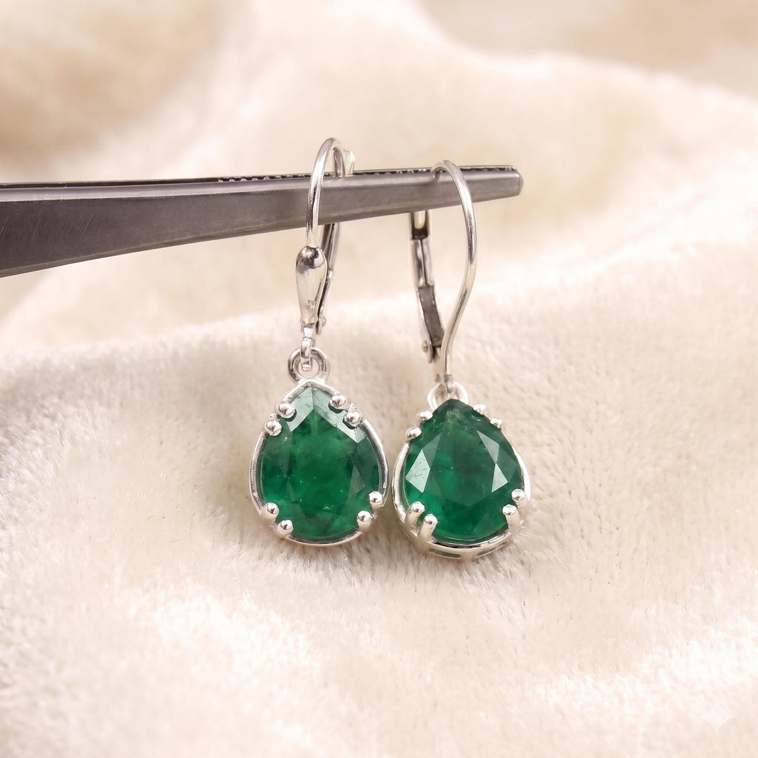 Emerald Green Teardrop Dangle Hoop Earrings | Gold, Silver, Rose Gold Finish | Minimalist Elegant Gemstone Drop Earrings | Gift for Her