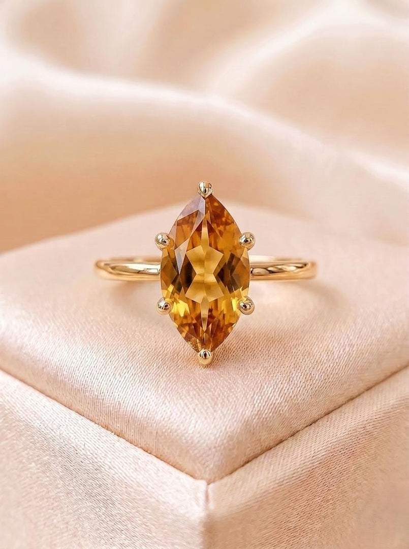 Natural Citrine Engagement Ring, Marquise Cut, 14K Gold Vermeil Ring, November Birthstone Jewelry, Minimalist Gemstone Ring, Gift for her