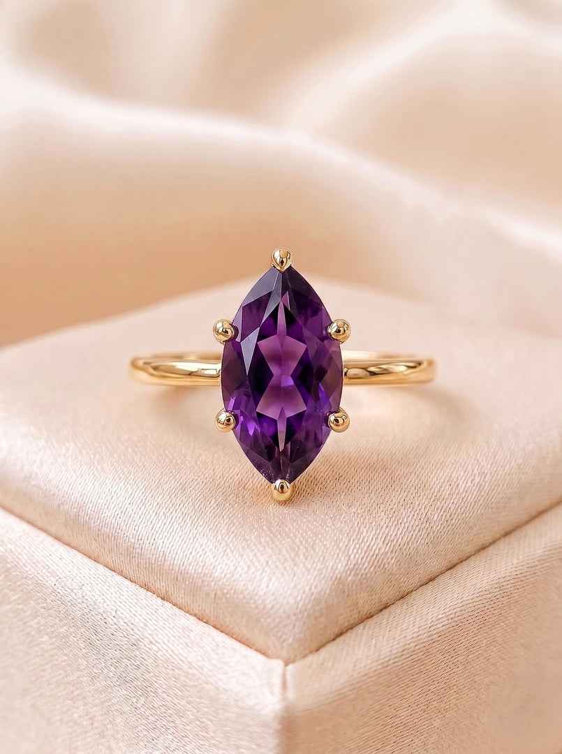 Purple Amethyst Engagement Ring, Marquise Cut Solitaire Ring, 14K Gold Ring, Purple Gemstone, Anniversary Ring, Promise Ring. Gift For Women