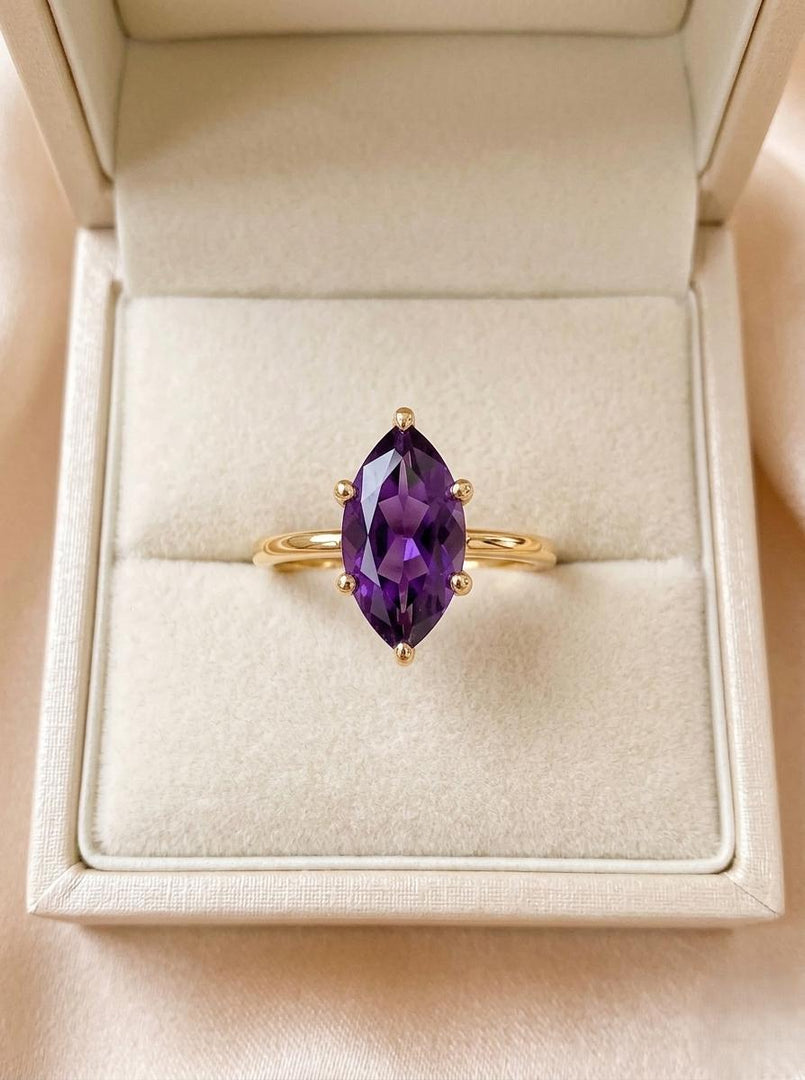 Purple Amethyst Engagement Ring, Marquise Cut Solitaire Ring, 14K Gold Ring, Purple Gemstone, Anniversary Ring, Promise Ring. Gift For Women