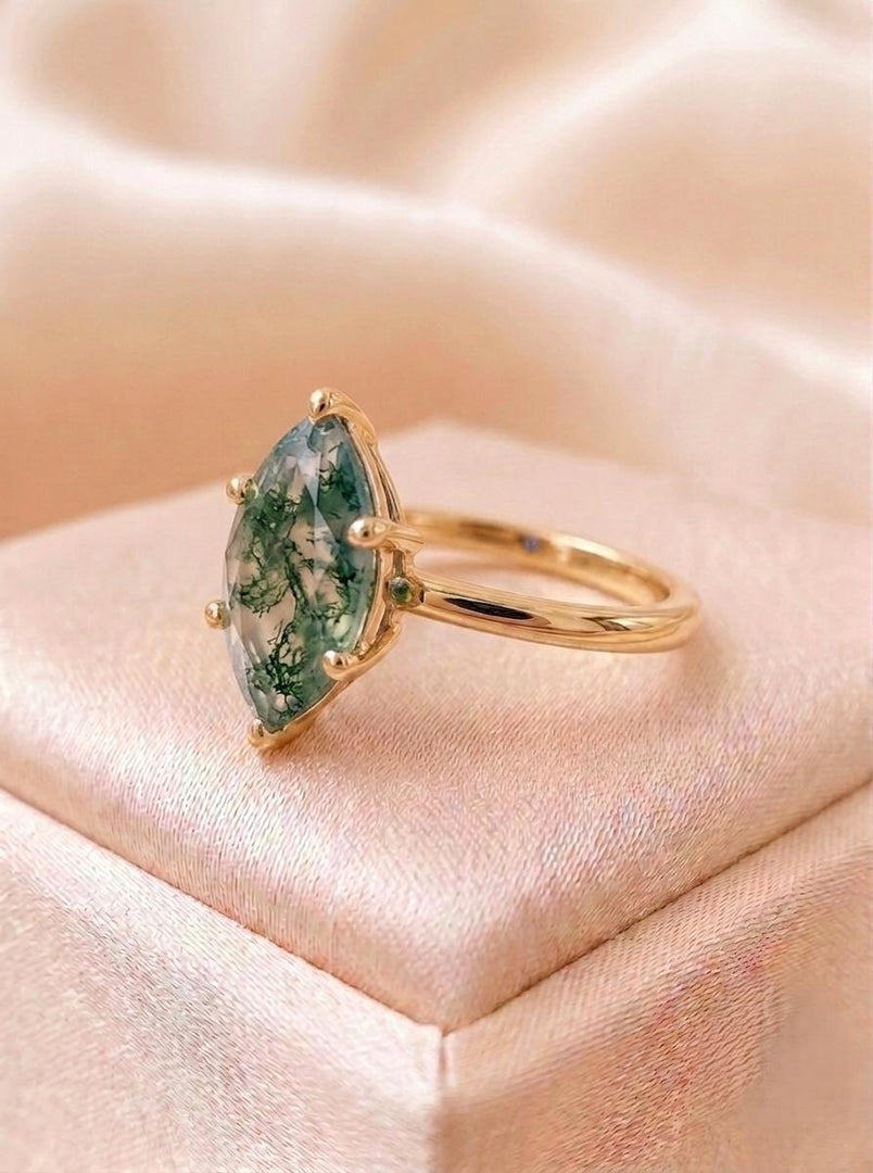 Vintage Moss Agate Engagement Ring, Marquise Cut, 14K Gold Ring, 6 Prongs Ring, Solitaire Promise Ring, Women Ring, Anniversary Gift For Her