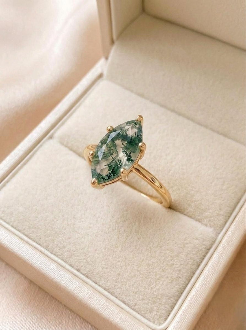 Vintage Moss Agate Engagement Ring, Marquise Cut, 14K Gold Ring, 6 Prongs Ring, Solitaire Promise Ring, Women Ring, Anniversary Gift For Her