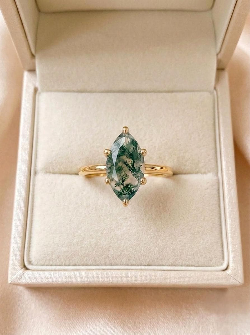 Vintage Moss Agate Engagement Ring, Marquise Cut, 14K Gold Ring, 6 Prongs Ring, Solitaire Promise Ring, Women Ring, Anniversary Gift For Her