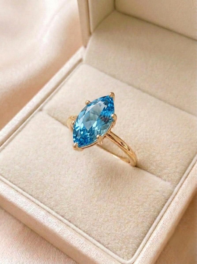 Lab Aquamarine Engagement Ring, Marquise Cut, 14K Gold Ring Minimalist Solitaire Promise Ring, Dainty Blue Gemstone, Bridal Jewelry For Gift