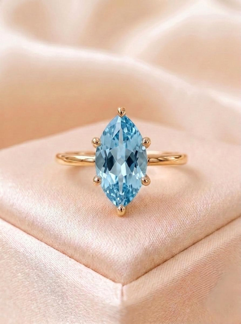 Lab Aquamarine Engagement Ring, Marquise Cut, 14K Gold Ring Minimalist Solitaire Promise Ring, Dainty Blue Gemstone, Bridal Jewelry For Gift