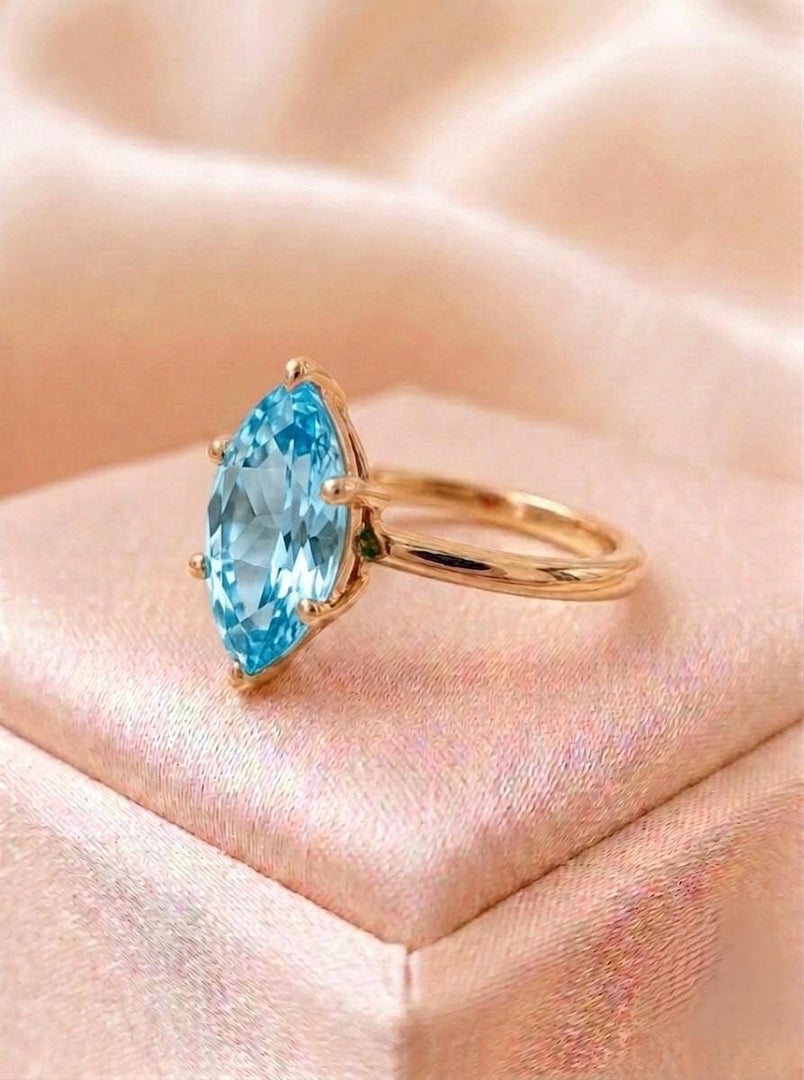 Lab Aquamarine Engagement Ring, Marquise Cut, 14K Gold Ring Minimalist Solitaire Promise Ring, Dainty Blue Gemstone, Bridal Jewelry For Gift