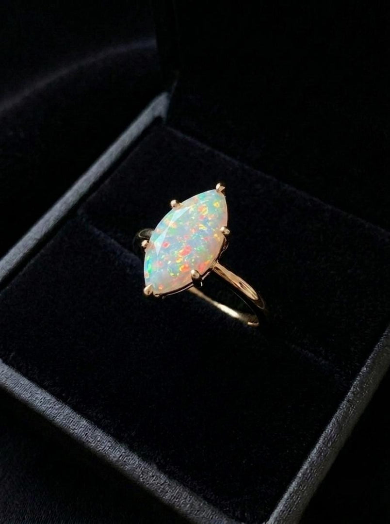 Opal Wedding Ring, Marquise Cut, 14K Yellow Gold, White Fire Opal Ring, Solitaire Ring, October Birthstone Jewelry, Anniversary Ring, Gift